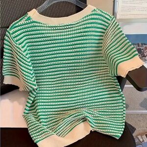 Green and Cream Striped Short Sleeve Sweater